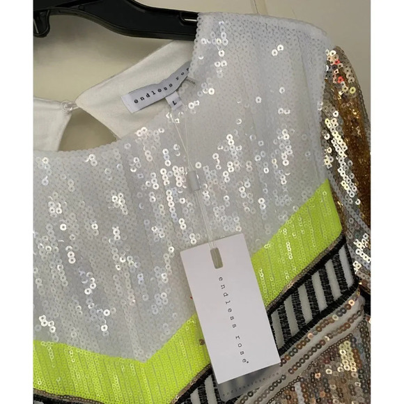 NWT, Endless Rose, Sequin Long Sleeve Mini Dress, Lime Multi, Gold, White Yellow - Picture 6 of 15